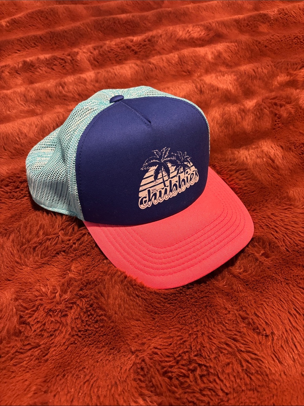 Chubbies Colorblock Trucker Hat in Navy, Coral & Light Aqua